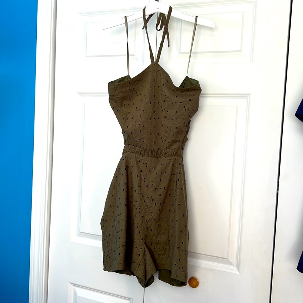 NWT Anthropologie Olive Green Romper Size 14. Side cutouts. Zipper back. Halter